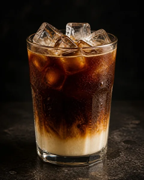 Tall glass of Vietnamese iced coffee with ice cubes and a layer of condensed milk