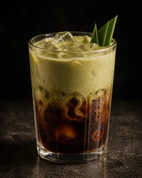 Layered iced coffee with a pale green pandan cream top and dark coffee below
