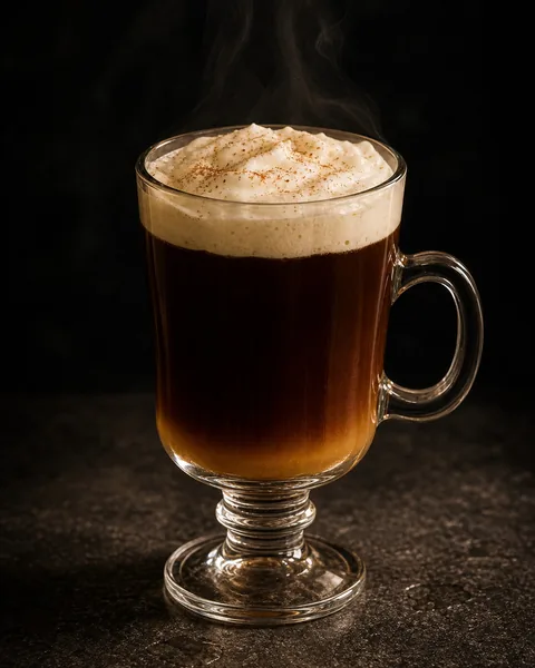 Steaming footed glass mug of hot coffee topped with whipped cream